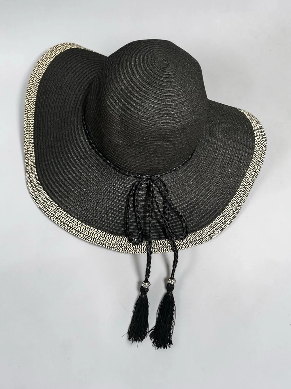 Wide-Brim Black Tassel Sun Hat Beach Vacation